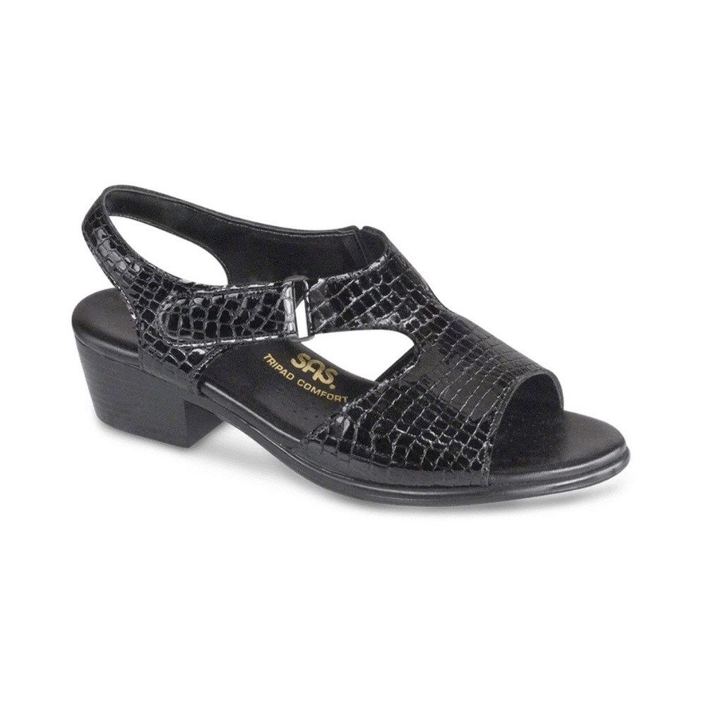 SAS Suntimer Black Croc Print Patent Leather Low Heel Sandal Shoes Women’s 7N
